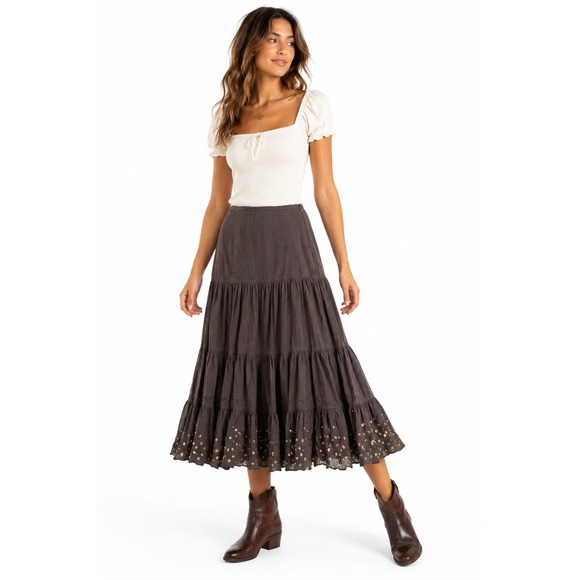 Uniform John Paul Richard Dresses & Skirts - Boho Tiered Midi Skirt Small Earthy Brown Cotton Gold Sequin Fairycore Festival